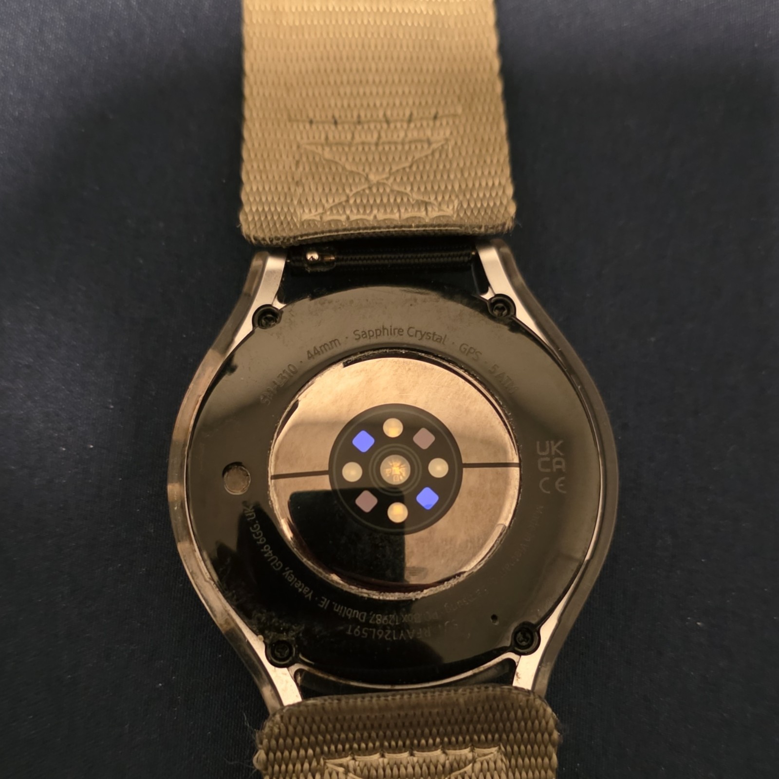 Samsung SM-R910 44mm GPS Smart Watch Black Sapphire Case Gray Fabric Band