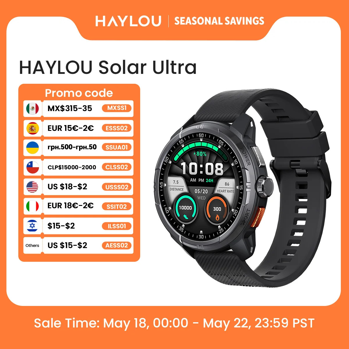 Solar Ultra GPS Smartwatch 1.6” AMOLED Display 5ATM Waterproof Built-In GPS Blue