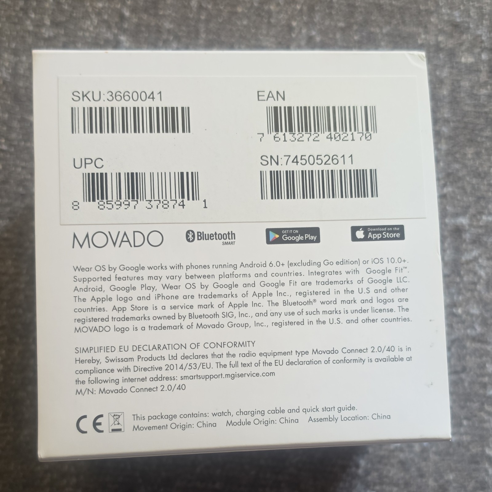 Movado Connect 2.0 40mm Gold Stainless Case White Silicone Band Wear OS 8GB