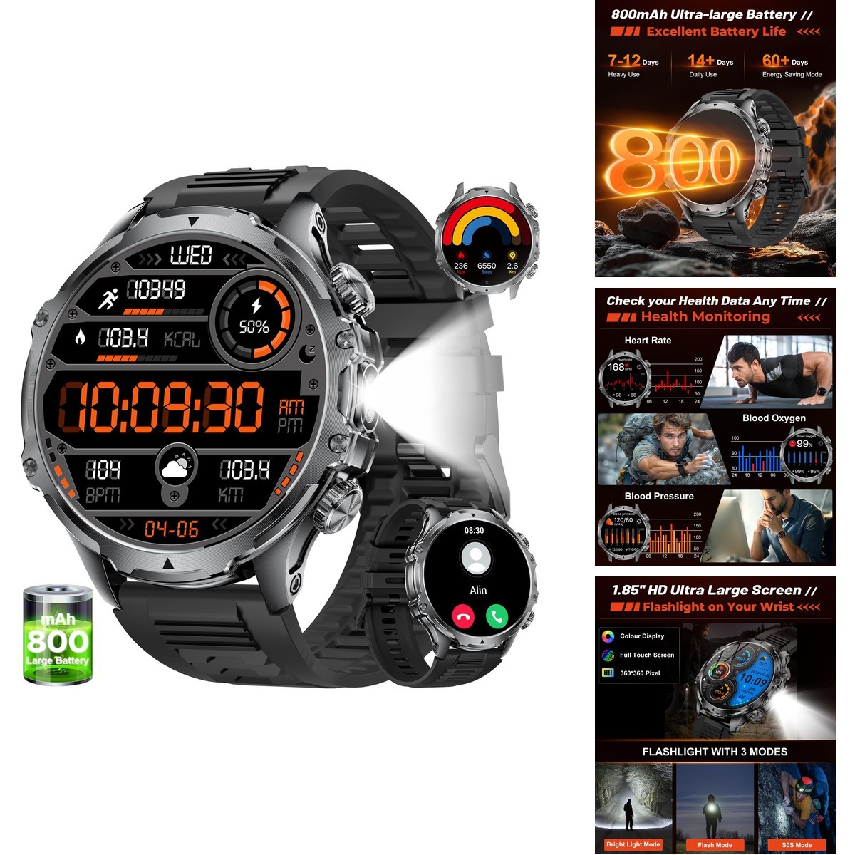 LIGE Smart Watch 1.7″ HD Screen 5ATM Waterproof 1000mAh Battery Black Silicone