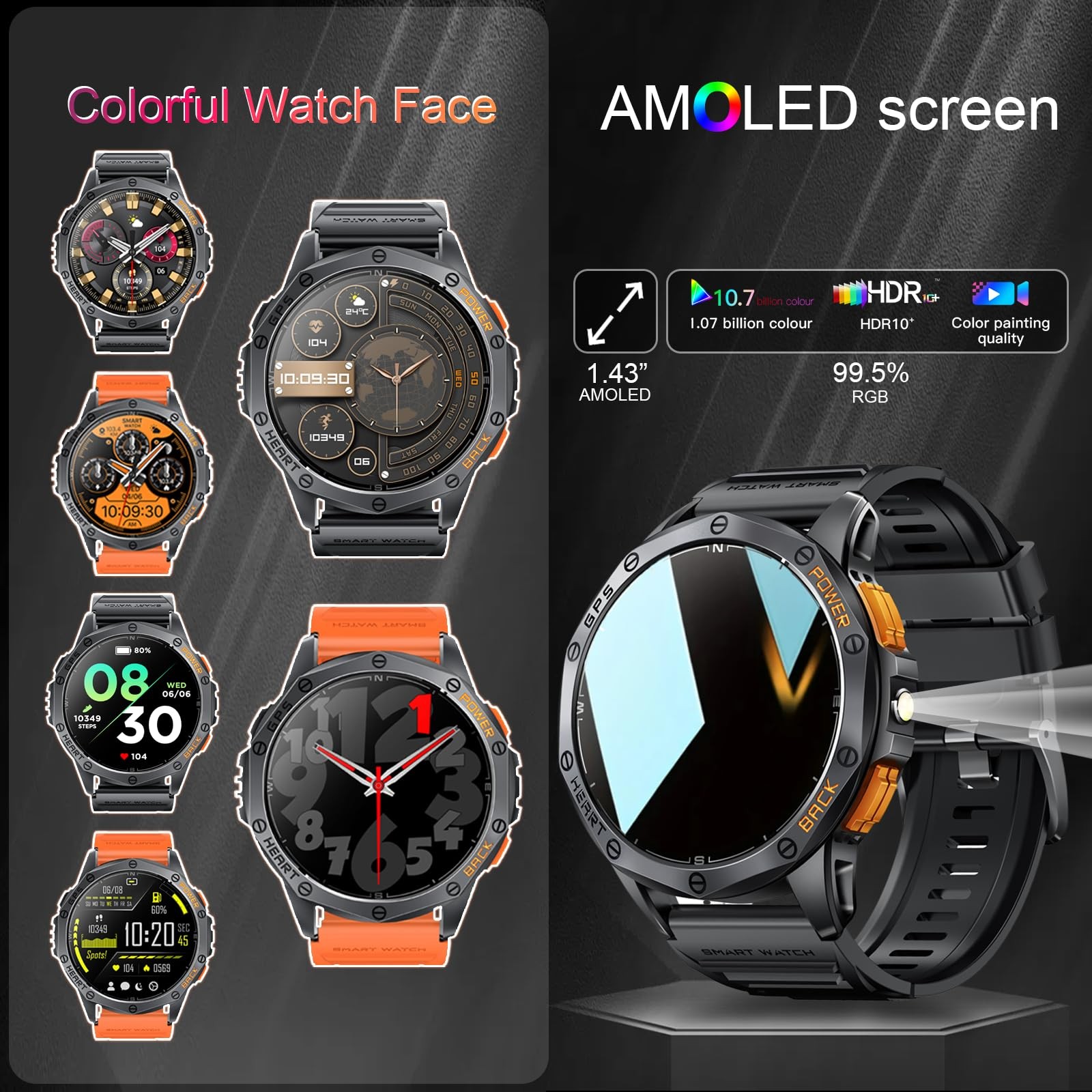 Military Smart Watch Men GPS 1.43 Inch AMOLED Bluetooth Calls Outdoor Sport M…