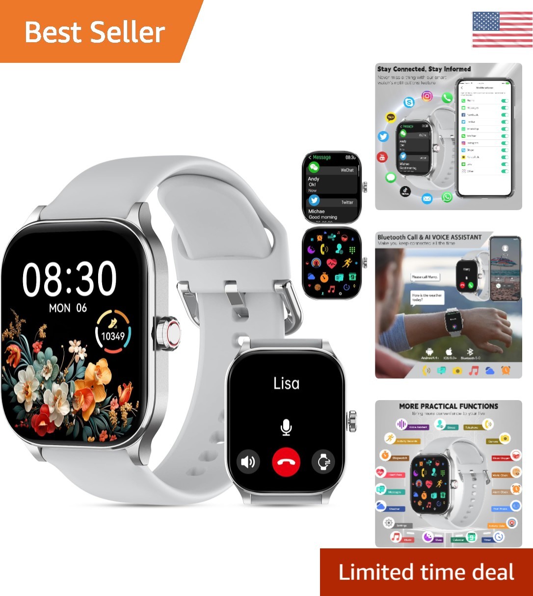 Gray Smart Watch, Bluetooth Call & Health Monitor, Waterproof, 2.01 Screen