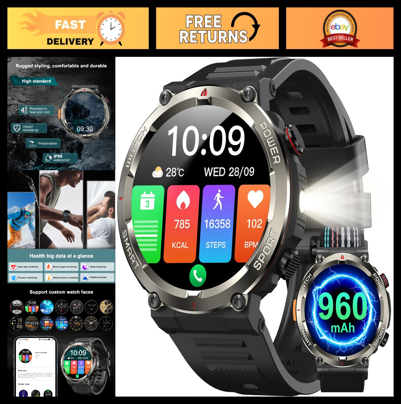 Tactical Smart Watch for Men – 1.45″ Fitness Tracker, Waterproof, Heart Rate, 12