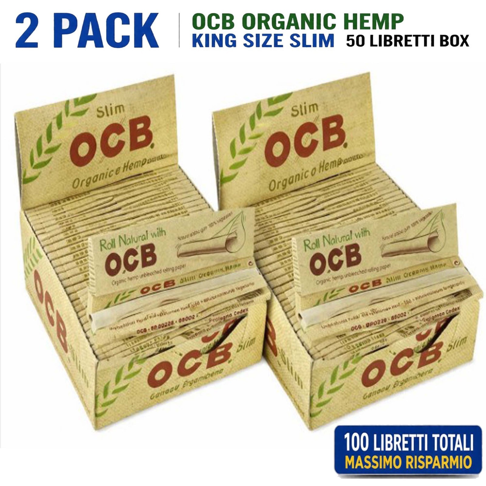 2 Pack OCB Organic Hemp King Size Slim Cartine 50 Libretti Box