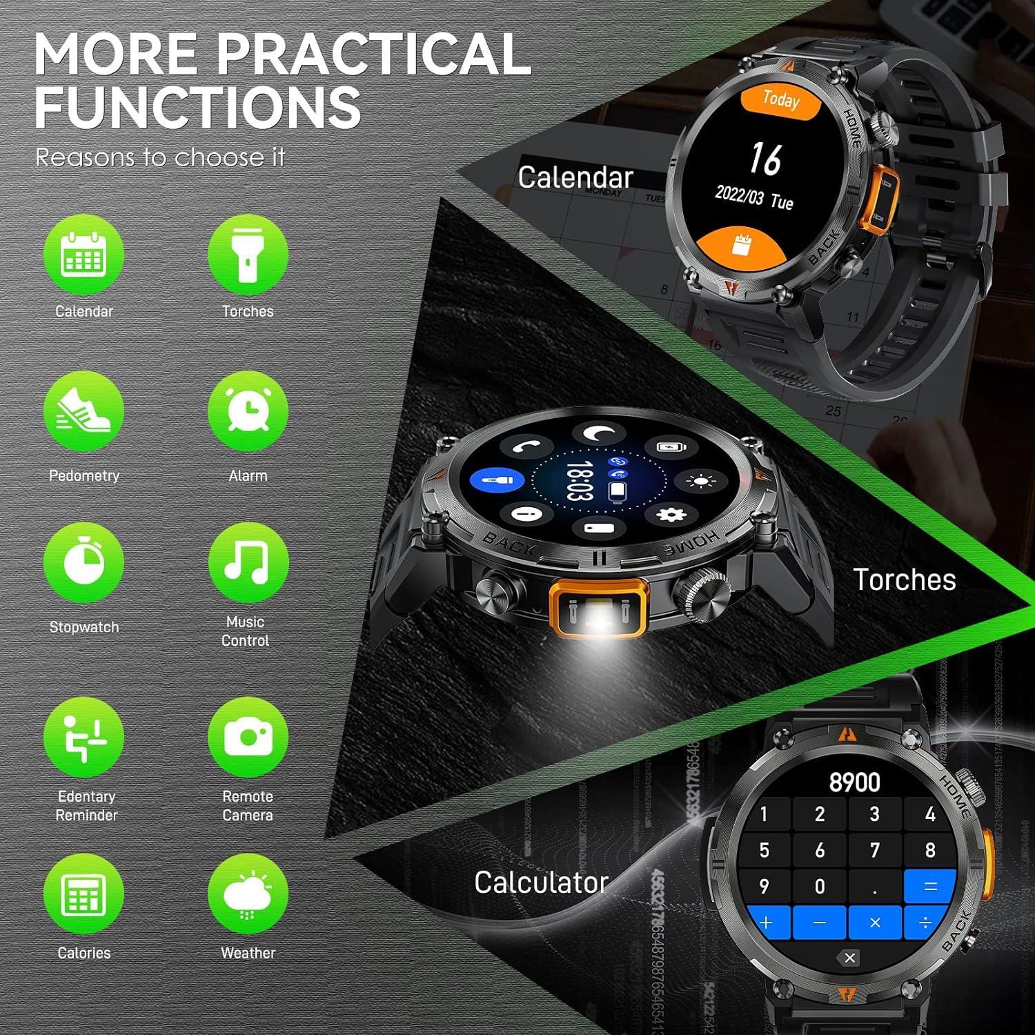 Smart Watch For Men Military Watch Touch With LED Flashlight, 1.45″ HD Outdoor