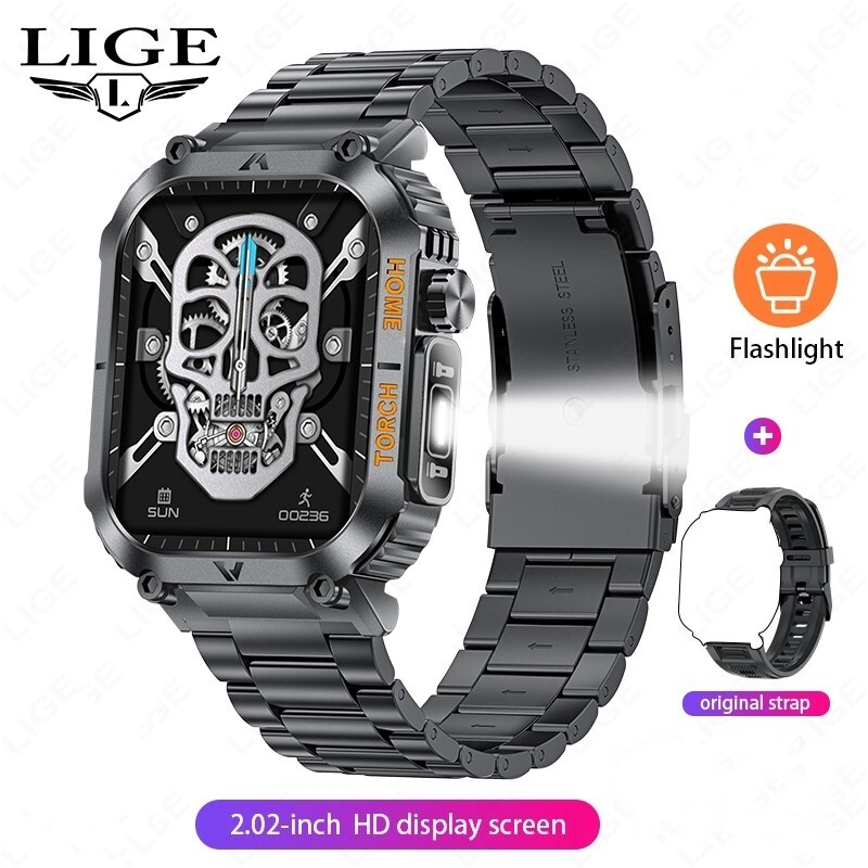 Smart Watch Men Fitness Rugged w/ LED Flashlight 2.02″ HD Screen 5ATM Waterproof