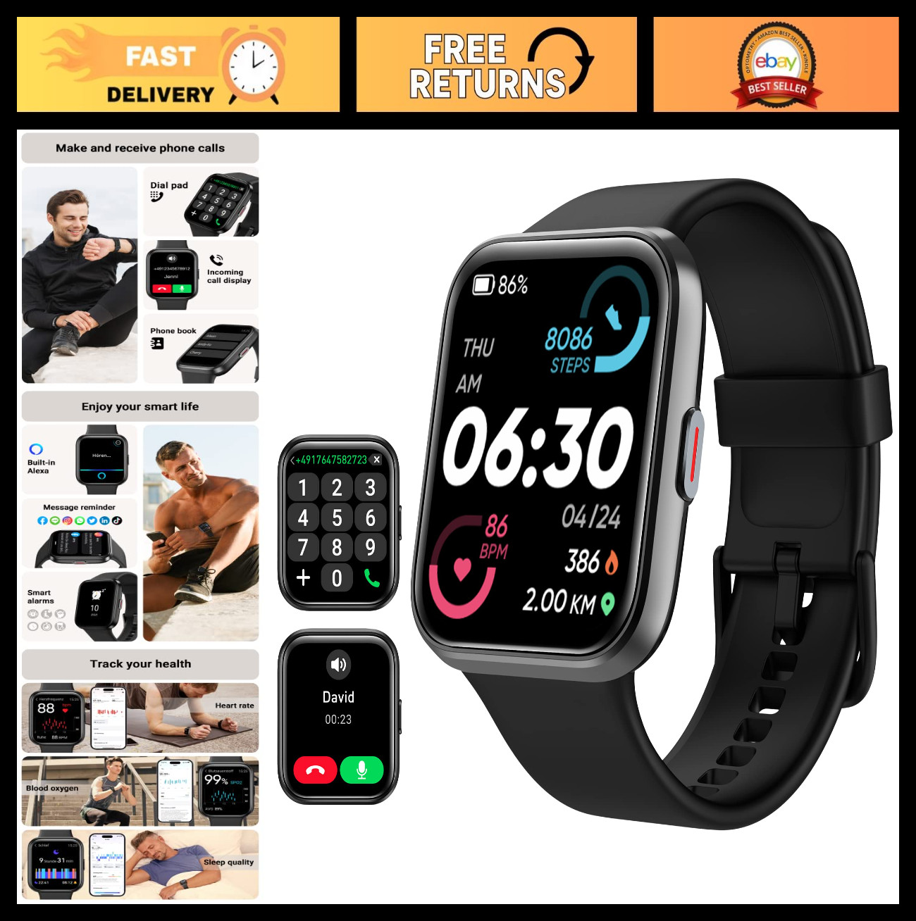 Smart Watch for Android & iPhone, 1.8″ Touch Screen, Fitness Tracker, Waterproof
