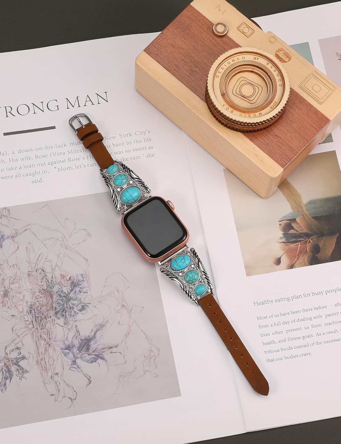 Leather Strap Compatible with Apple Watch Series 7 44mm Adjustable Turquoise