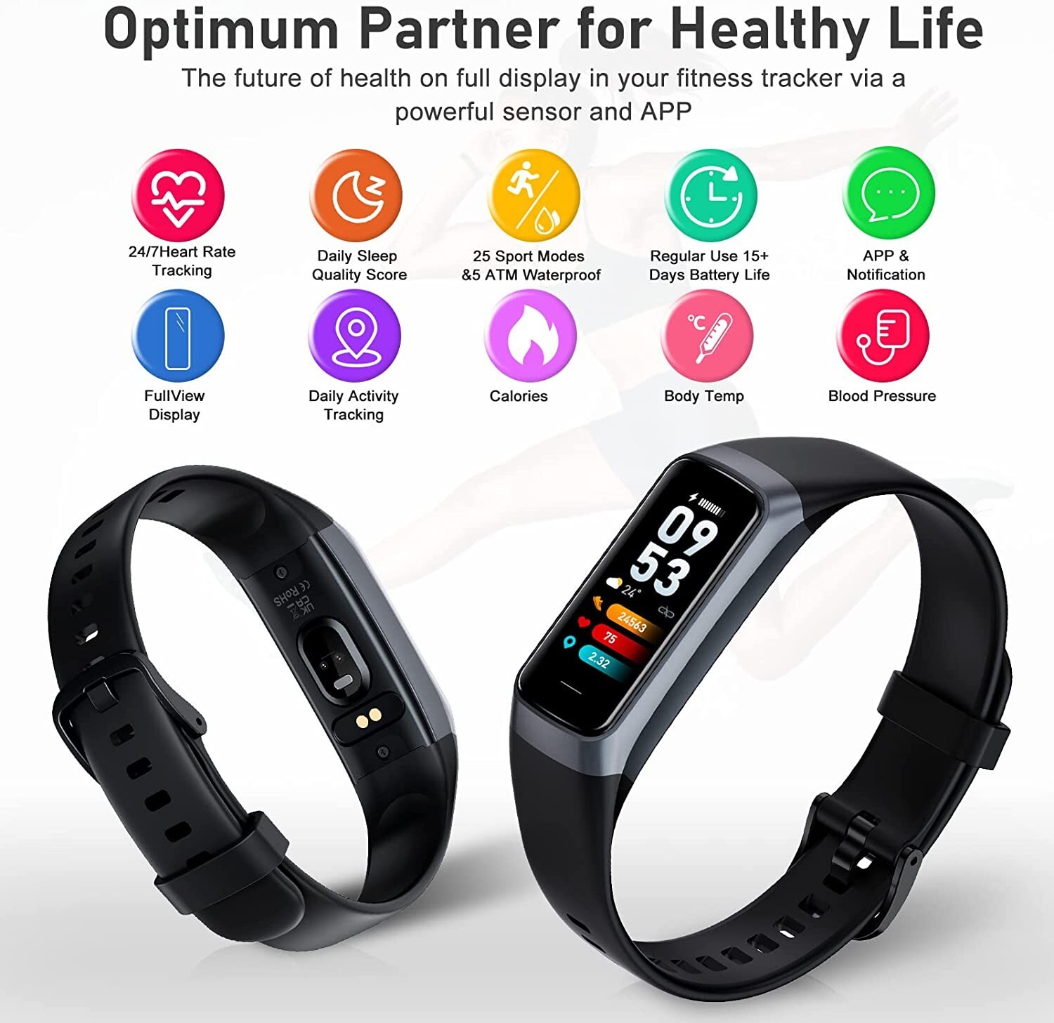 Slim SMART WATCH AMOLED Display Fitness Tracker Women Men Kids for Android iOS
