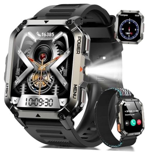 Military Tactical Smart Watches for Men, 100-Day Battery Rugged W70Pro-Black