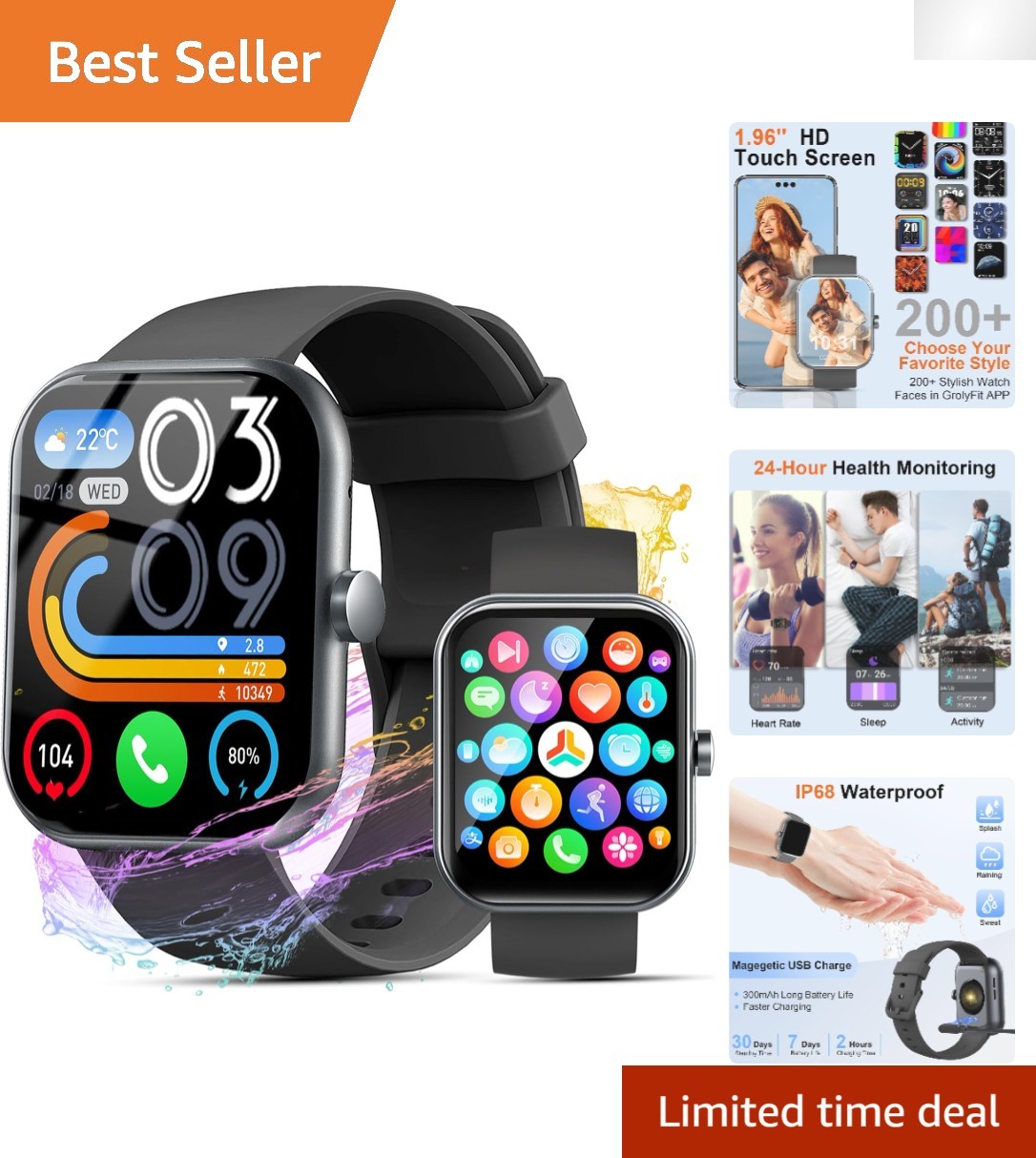 Luxury Health & Fitness Smartwatch: 1.96″ HD Display, Waterproof, 24/7 Monitor