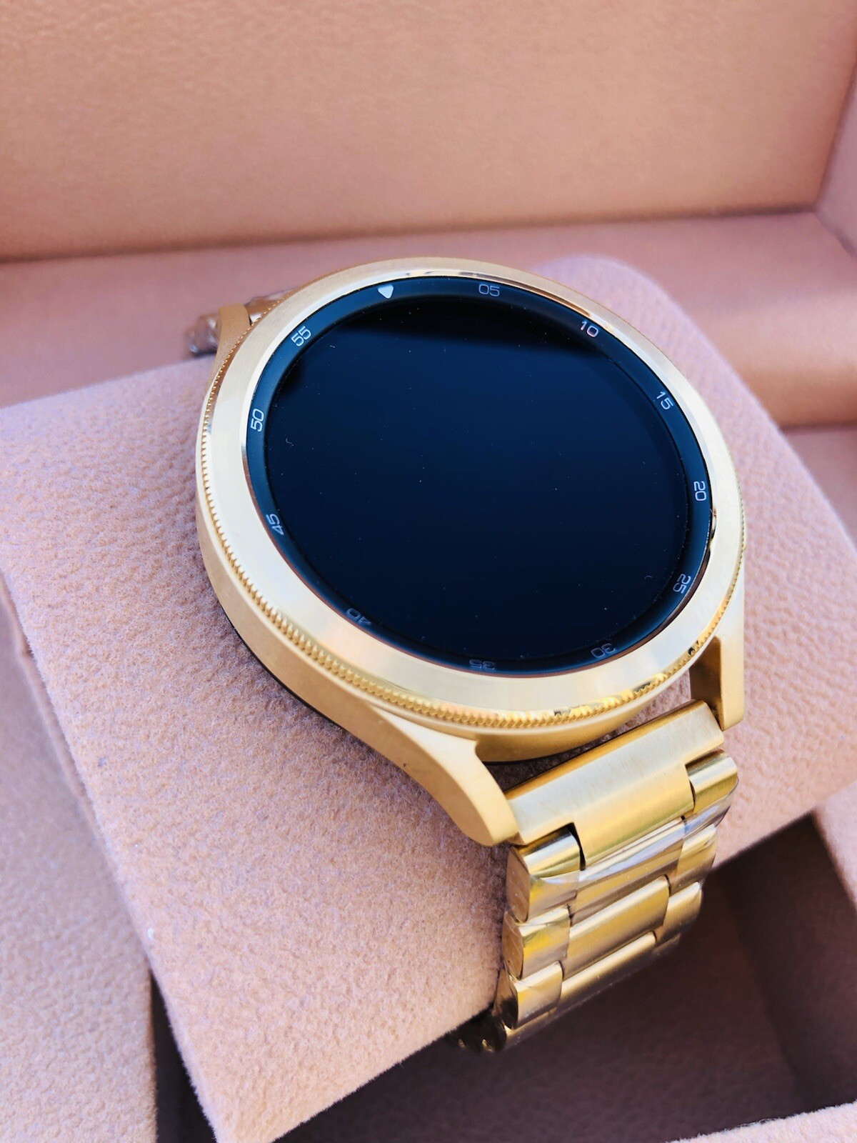 Custom 24k Gold 46mm Plated Samsung Galaxy Watch 4 Gold Bezel Gray And Gold Band