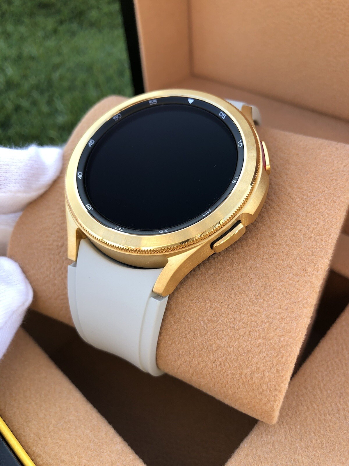 Custom 24k Gold 47mm Plated Samsung Galaxy Watch 6 Gold Bezel Gray Fabric Band