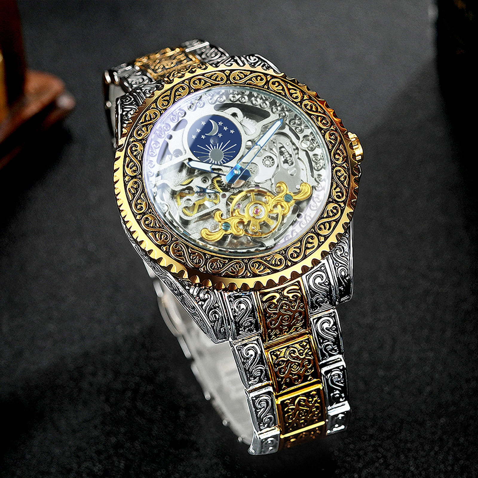 New Luxury Moon Phase Tourbillon Skeleton Engraved Mechanical Automatic Watch