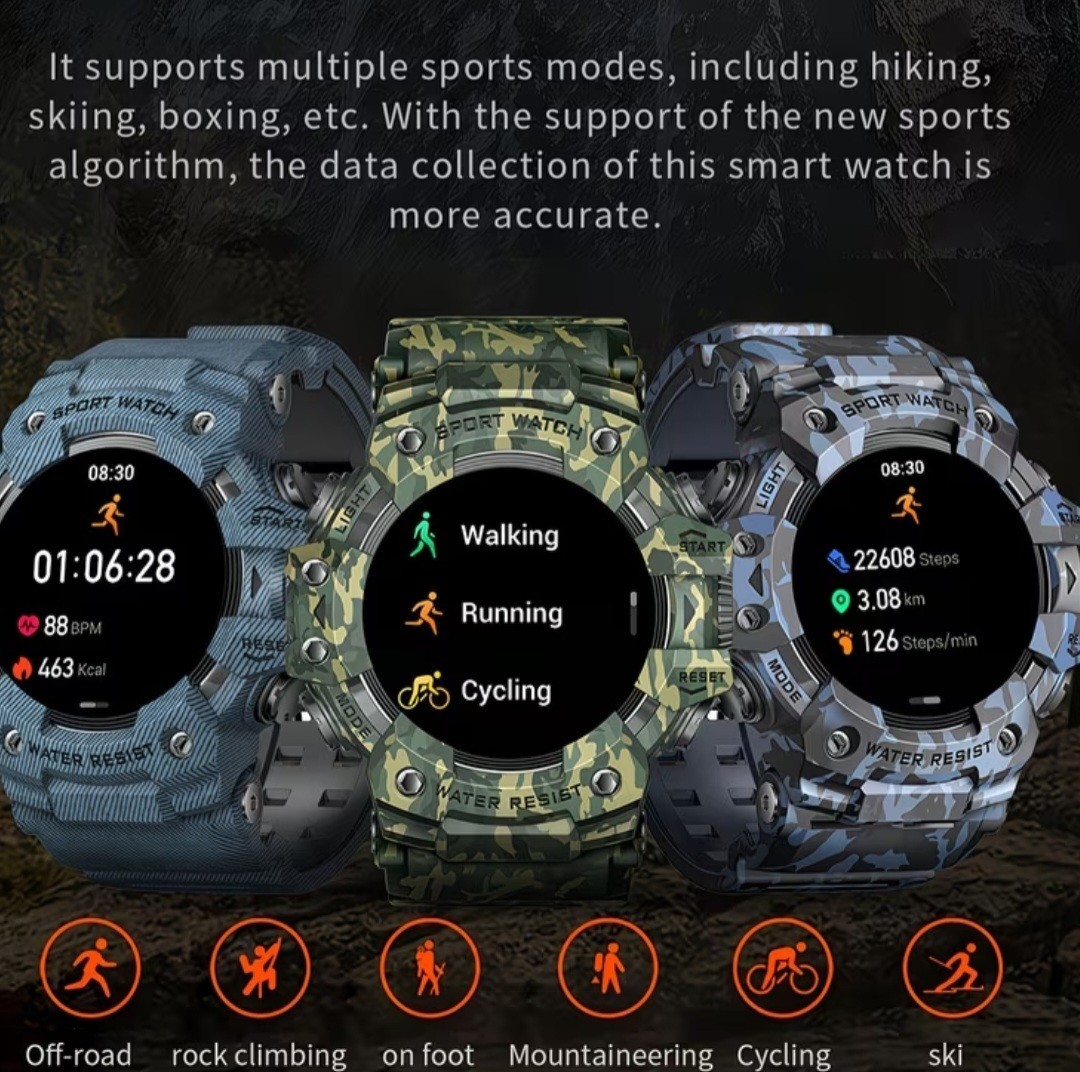 Tactical Sport Smartwatch – Waterproof Blue Camo – Heart Rate & Step Tracker