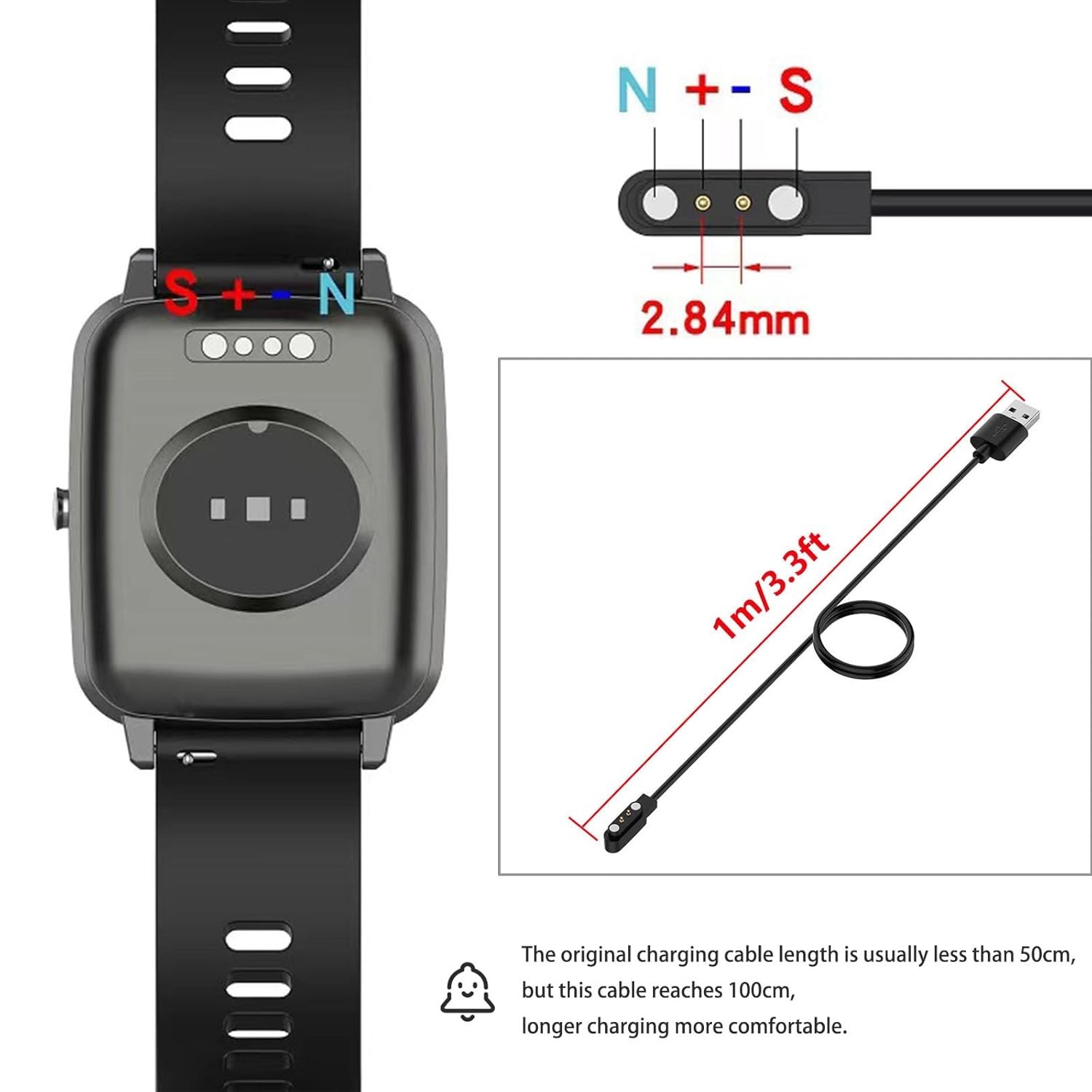 Smartwatch Charger for ID208, GTX20, IDW13/15/16/17, IDW19/20/25/26/28, 3.3 ft