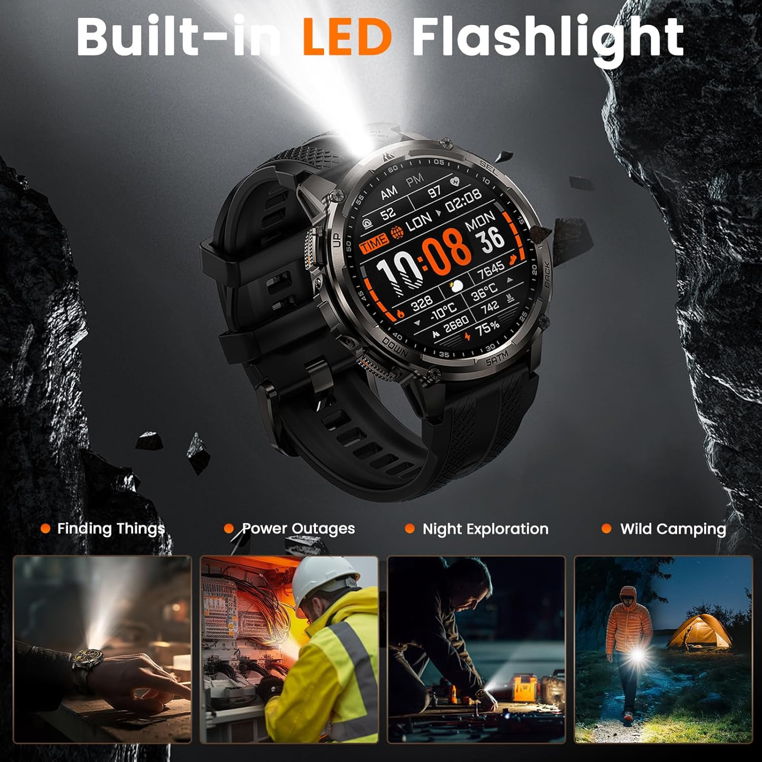 Tank T4C Smart Watch for Men with LED Flashlight, 1.5” AMOLED Display, Dual-Band