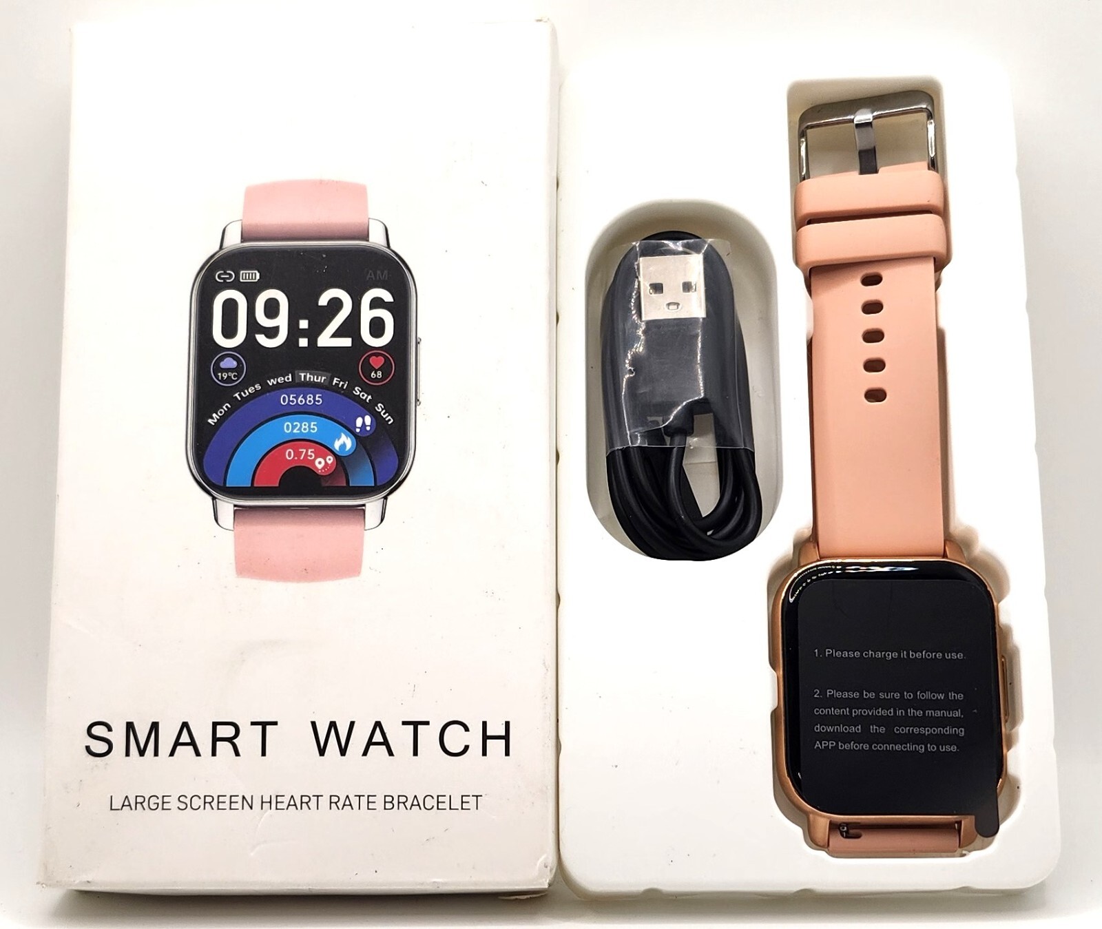 Smart Watch Fitness Tracker Calling Texts Android Apple 1.85 inch, Pink P66