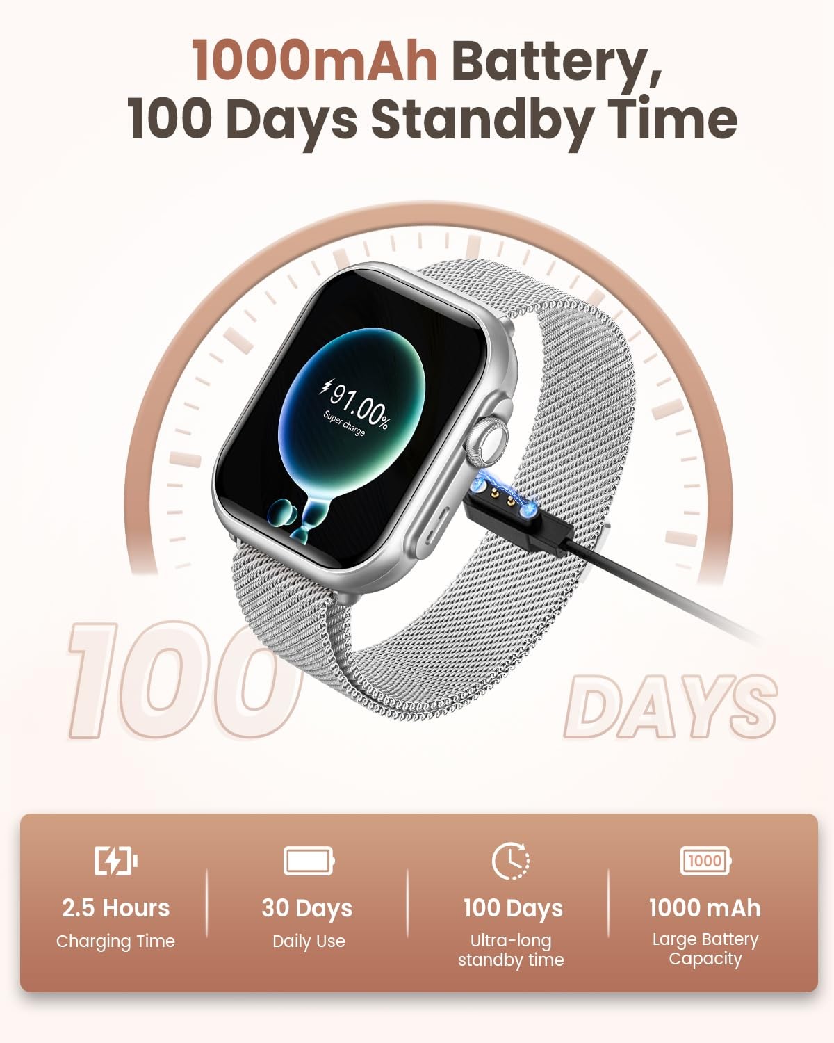 1.83″ HD Smart Watch, 30 Days Battery Life, Adjustable, Silver-Beige