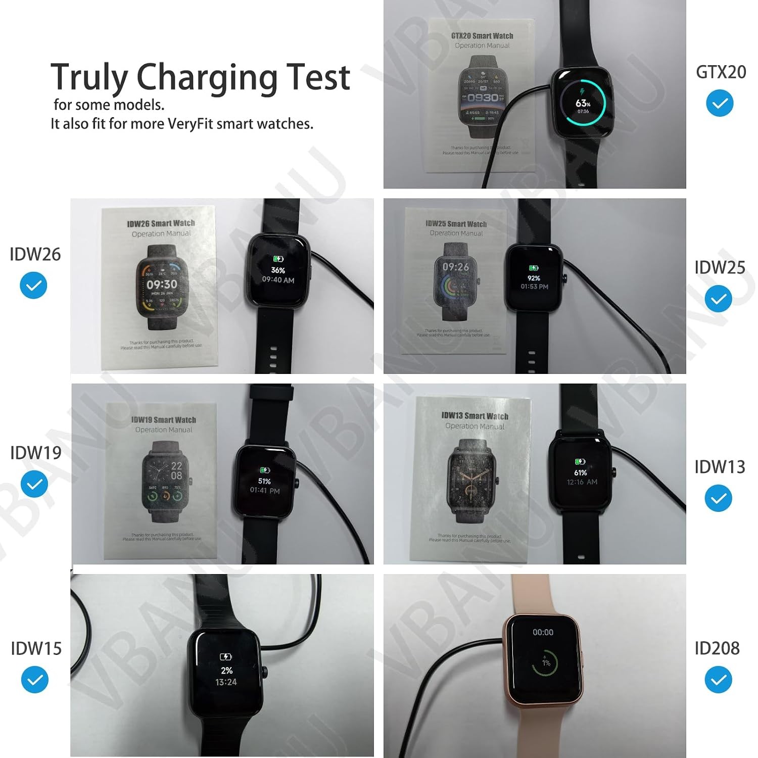 Charger for Smartwatch ID208, GTX20, IDW13/15/16/17, IDW19/20/25/26/28, 3.3 ft