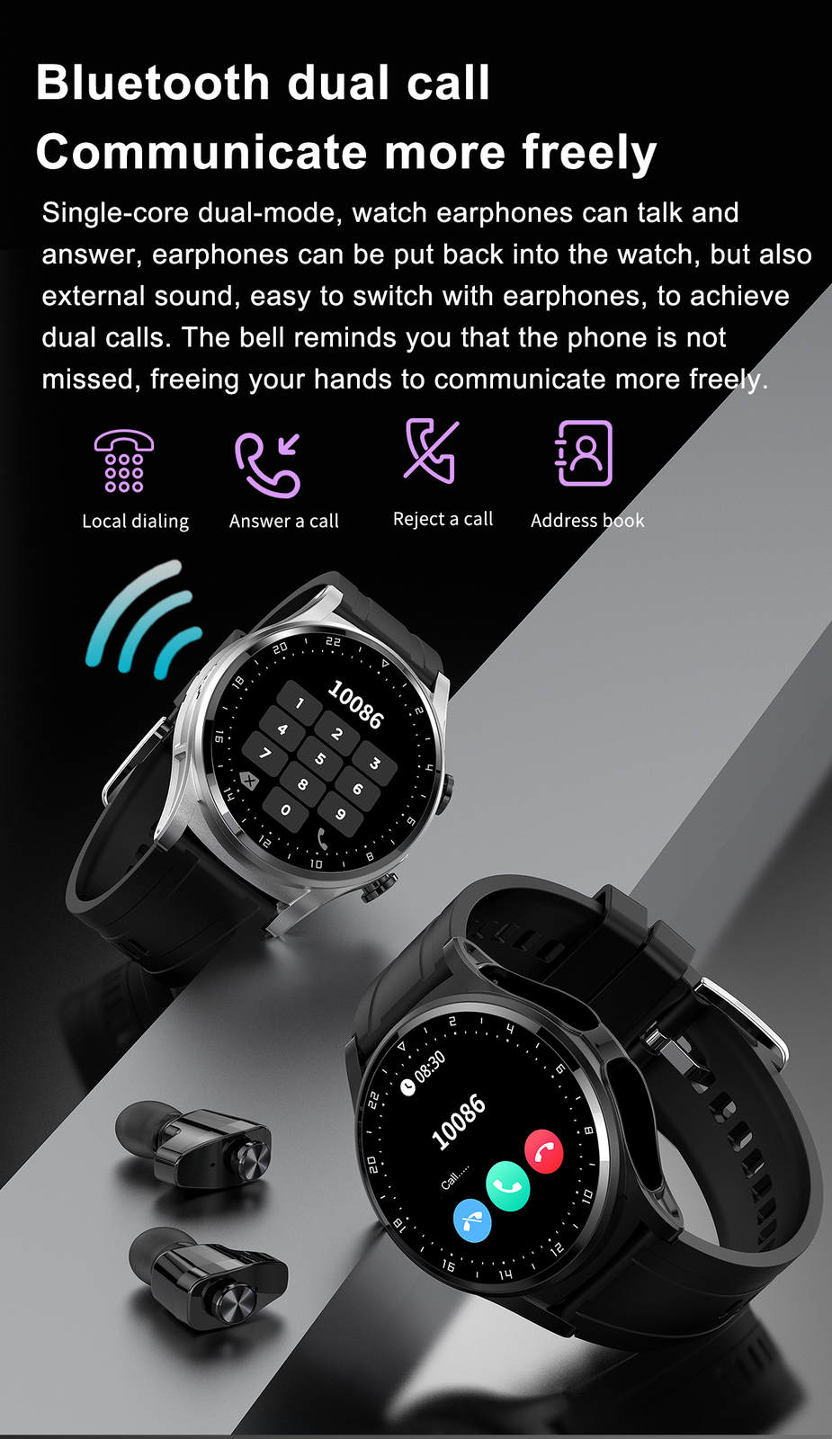 Bluetooth Smart Watch Earphones Touch Screen Waterproof Sports Fitness Tracker