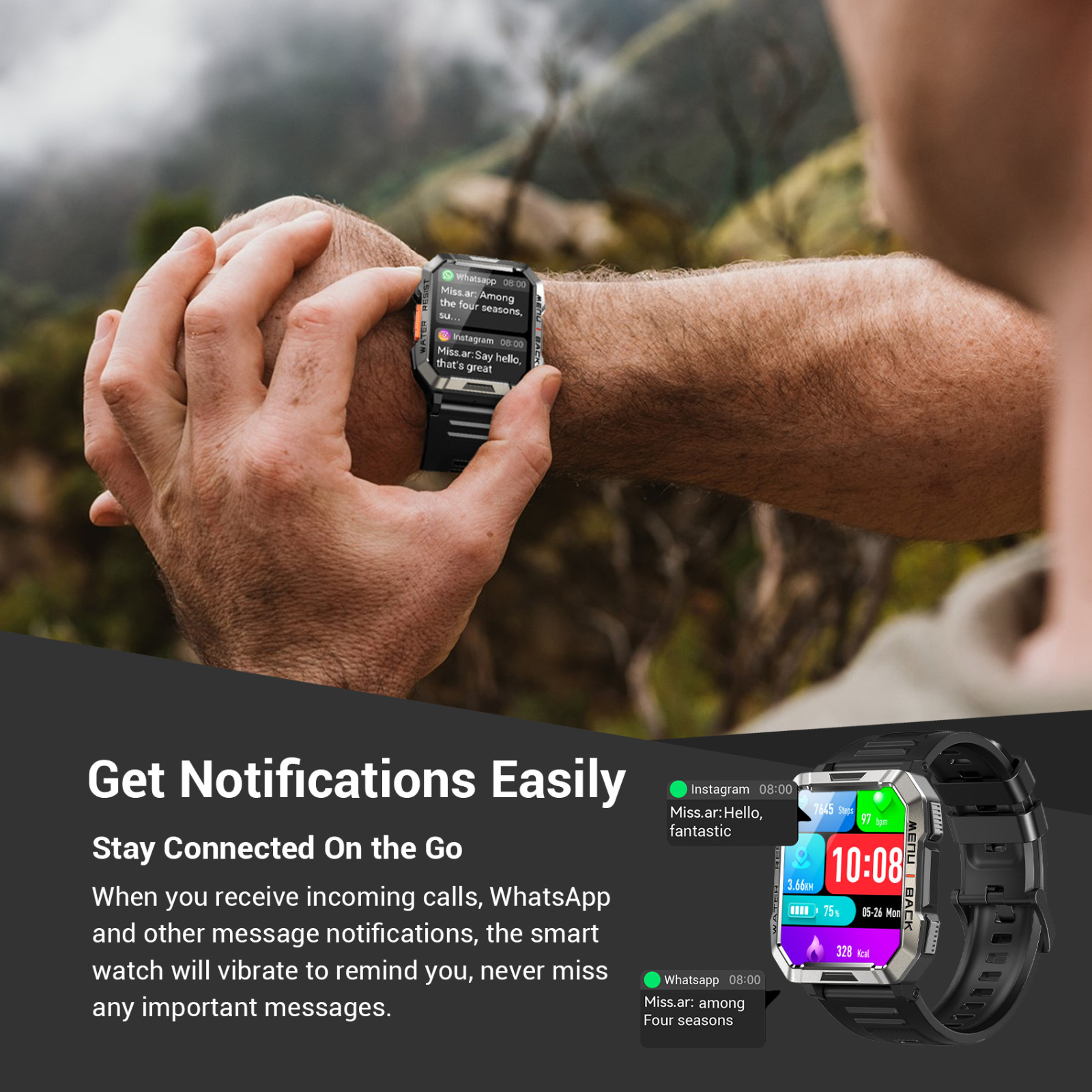 Military Tactical Compass Smart Watch For Men With LED Flashlight Blood Pressure