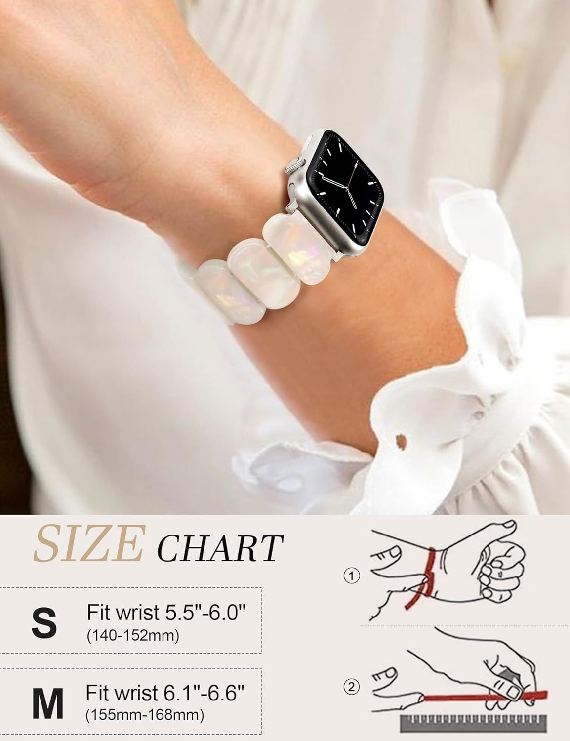 Strap For Apple Watch 10/11, Ivory White Beaded Resin Stretch Band