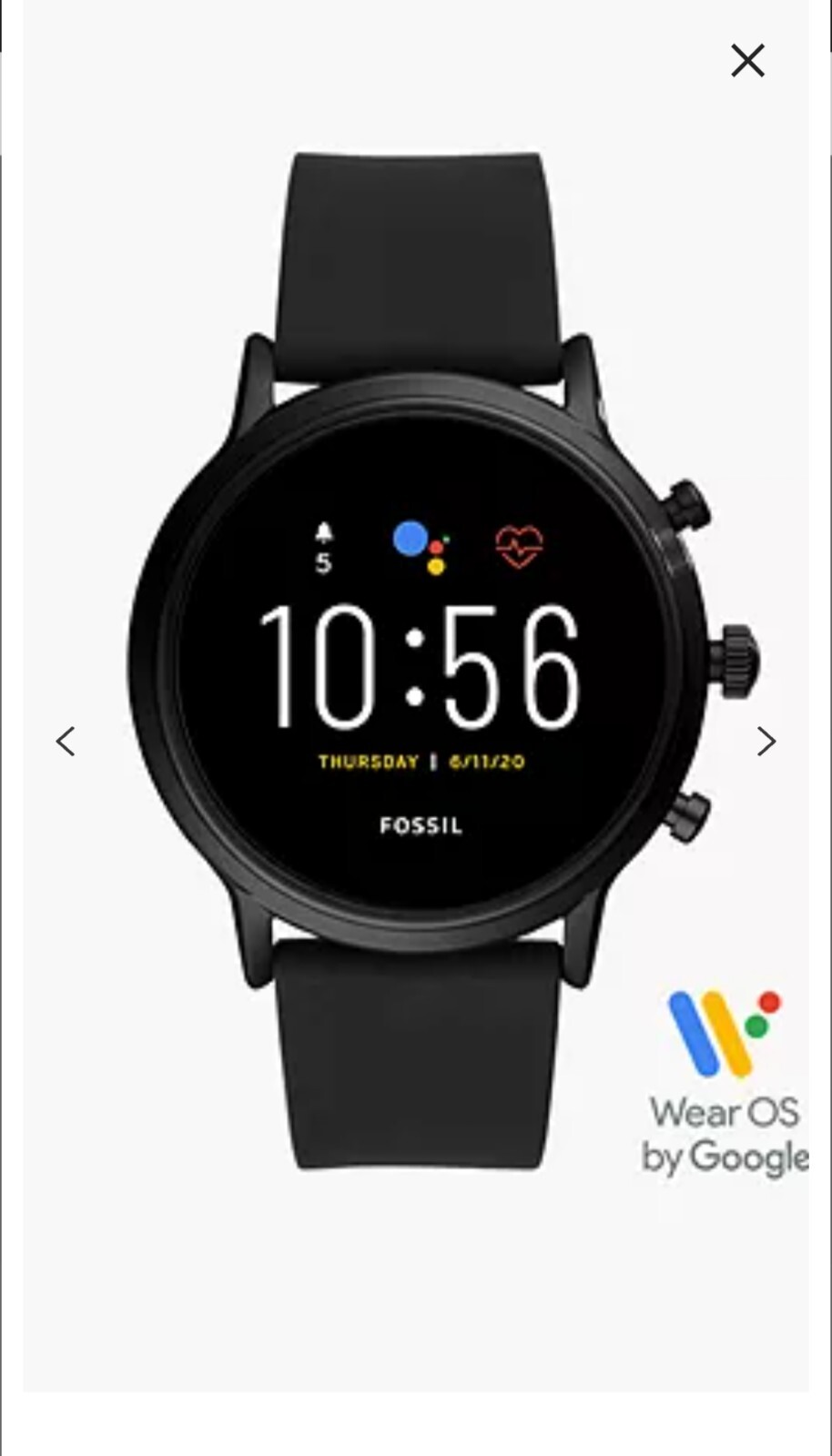 Fossil Gen 5 Smartwatch 44 mm Stainless Steel The Carlyle HR Black Silicone Band