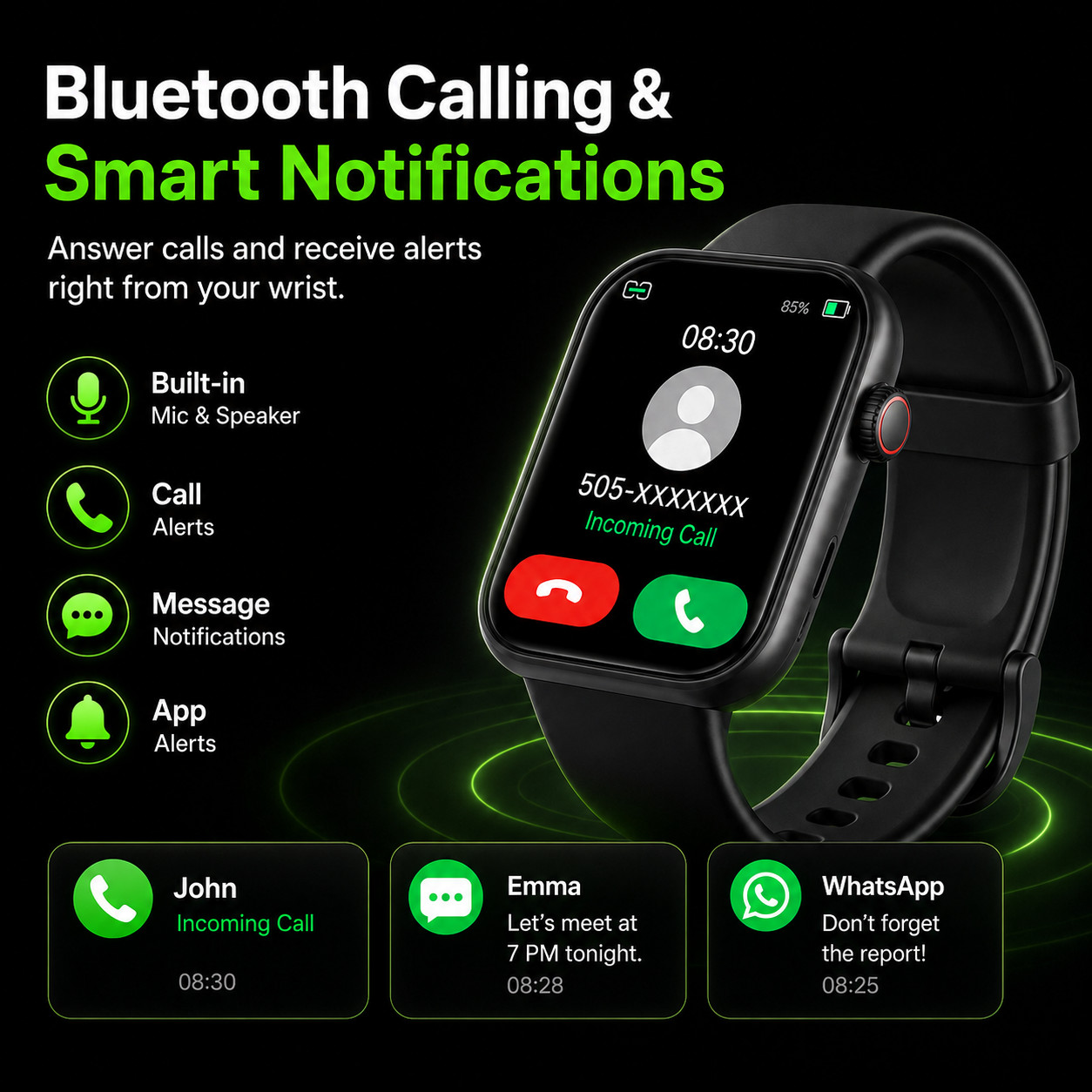 Smart Watch with Call Function Sleep Activity Tracker Black Silicone Band
