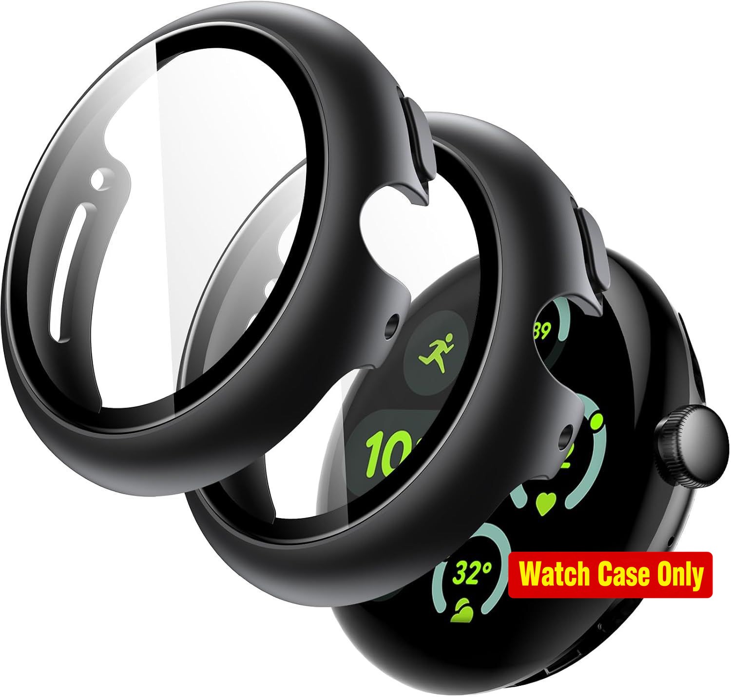 2-Pack Black Case with Screen Protector for Pixel Watch 41mm, 9H Hard Glass