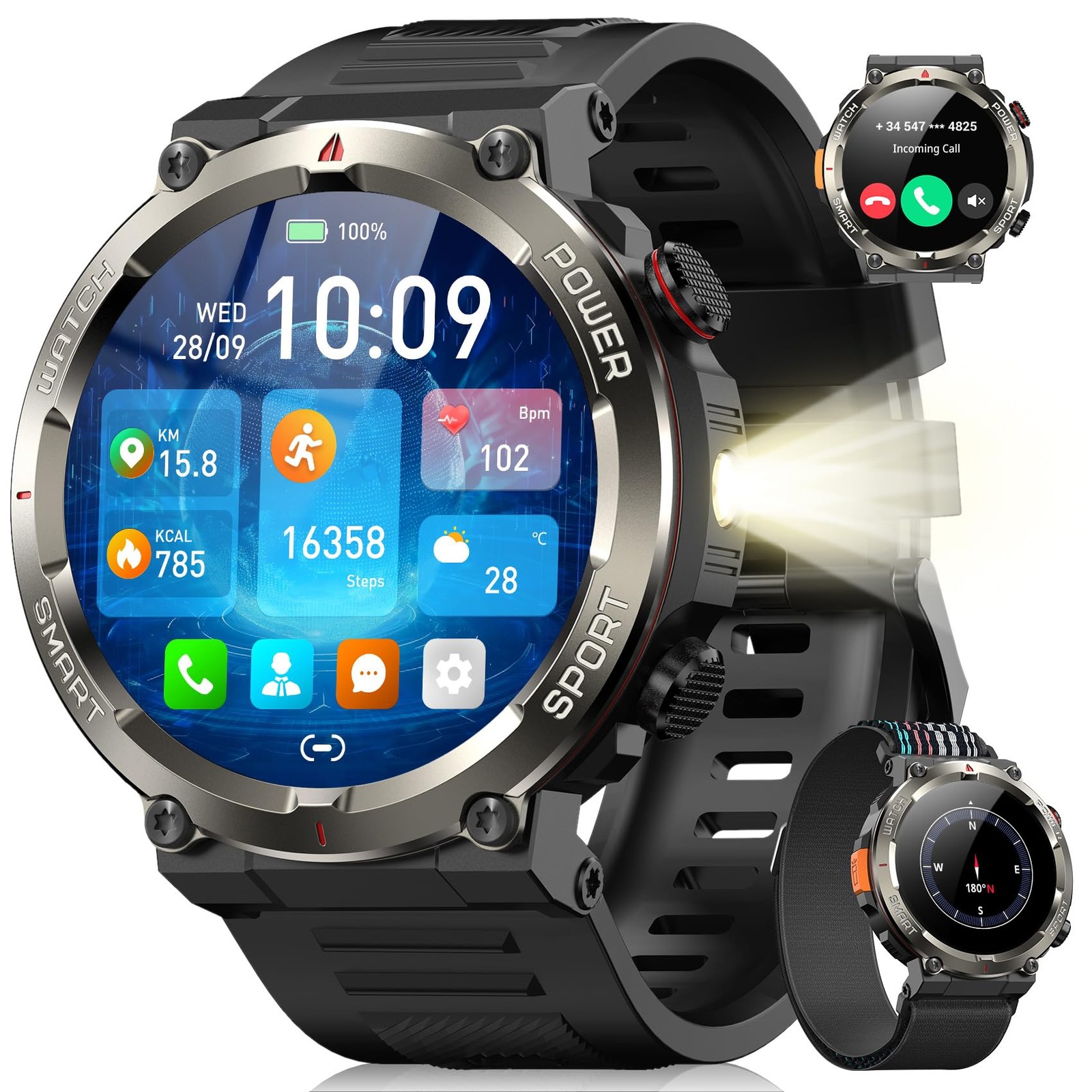 Military Smart Watch for Men(Answer/Make Calls),Outdoor L, W50Pro-Black