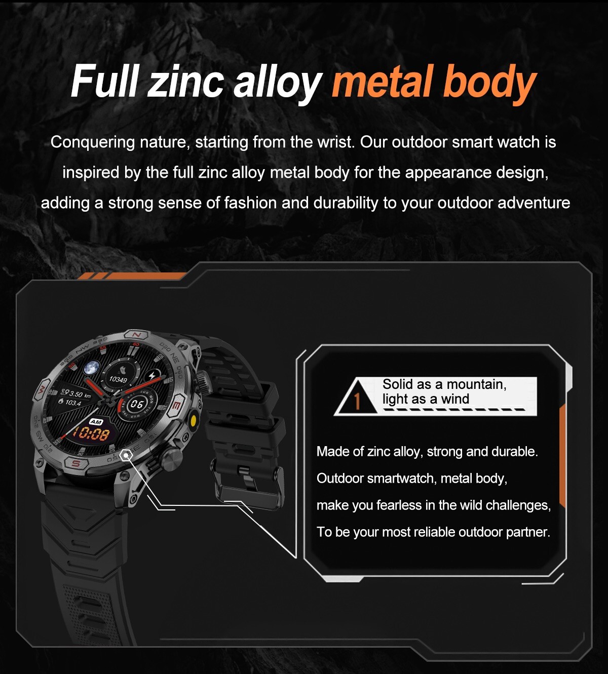 Tactical Smartwatch with Compass 100+Sports Modes Fitness Tracker Heart Rate
