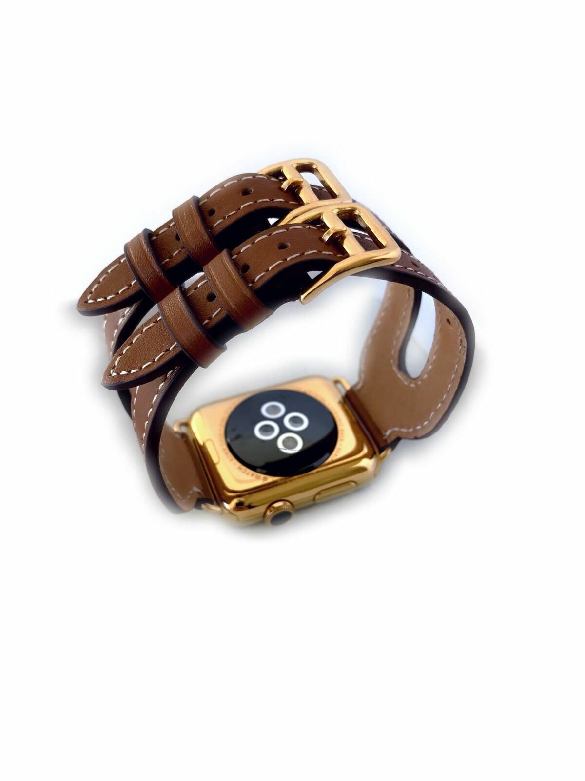 24K Gold Plated 44MM Apple Watch Series 6 with Leather Etoupe Double Buckle Cuff