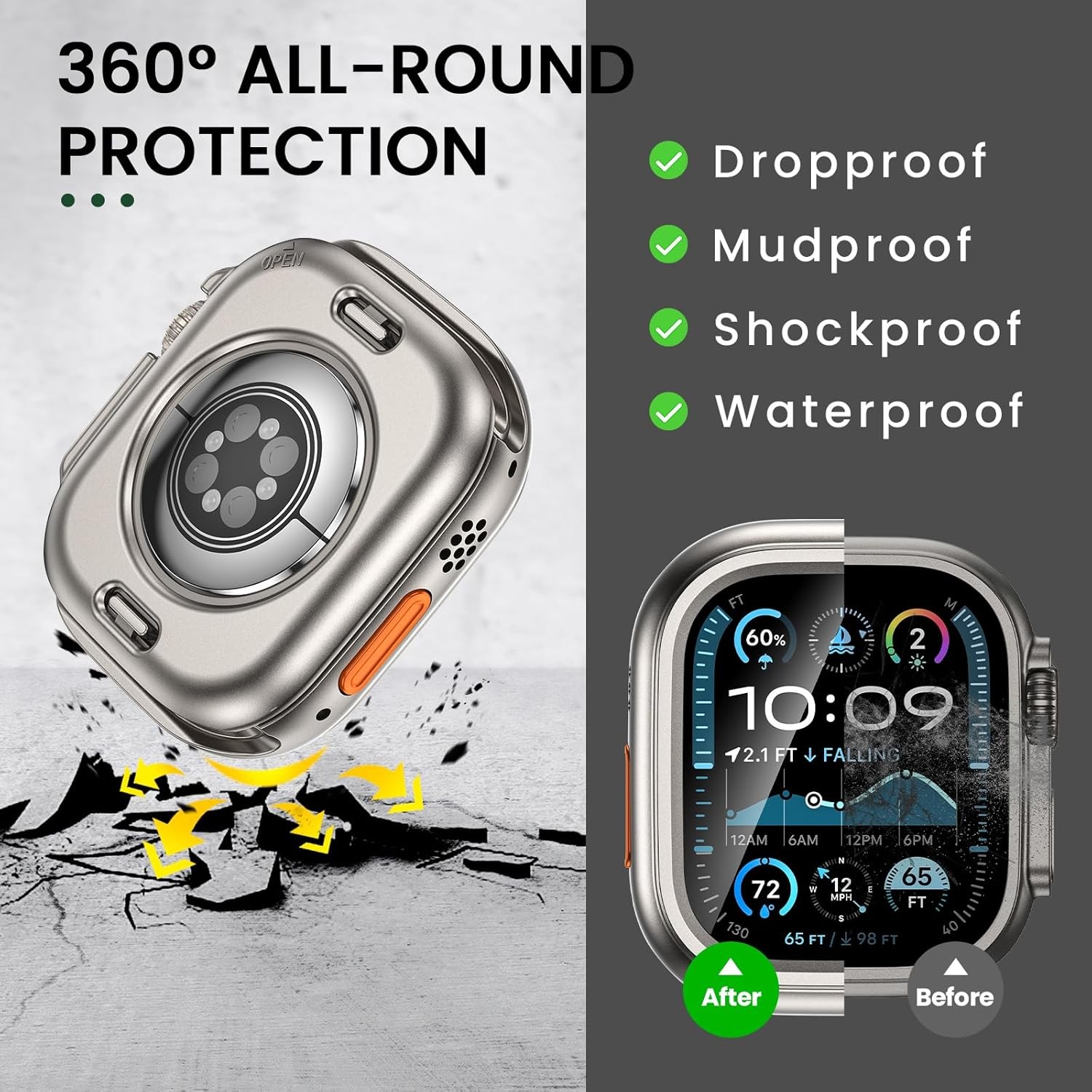 3 in 1 Waterproof Hard Case for Apple Watch 49mm 360° Slim Protective Tempered G