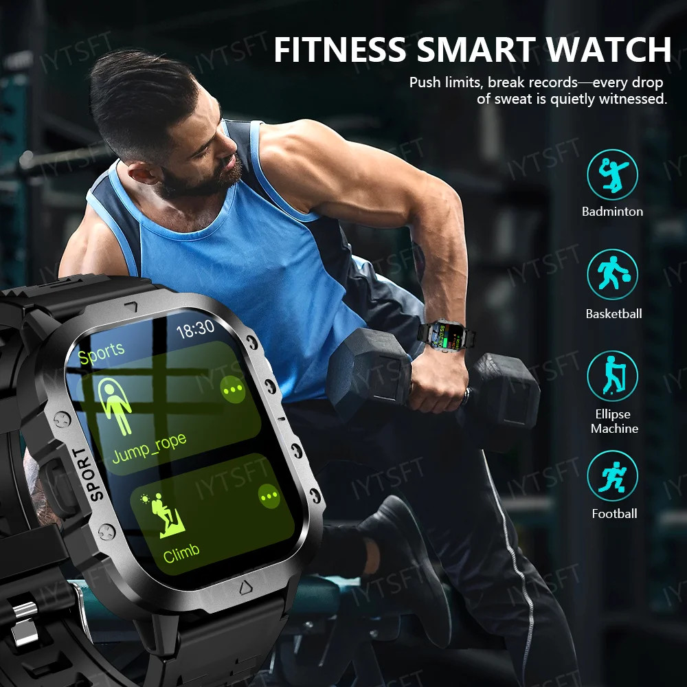 Military Smartwatch for Men, Outdoor Sports Tracker, Bluetooth Calls, 2.01″ Disp
