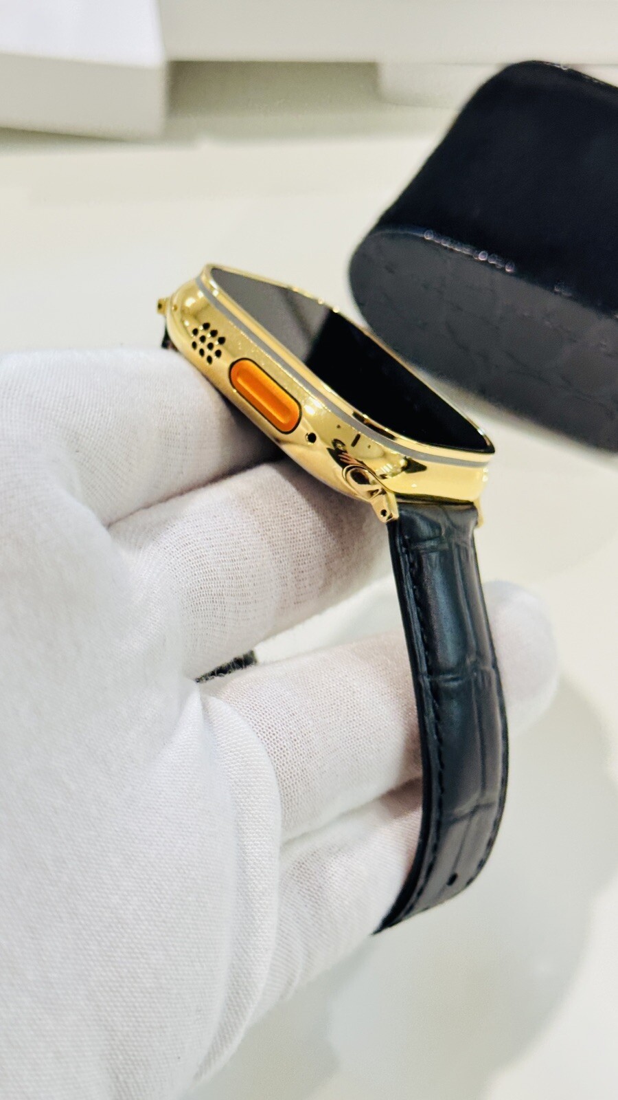 24k Gold Plated Apple Watch ULTRA 2 49mm Black Leather Band Polished CUSTOM