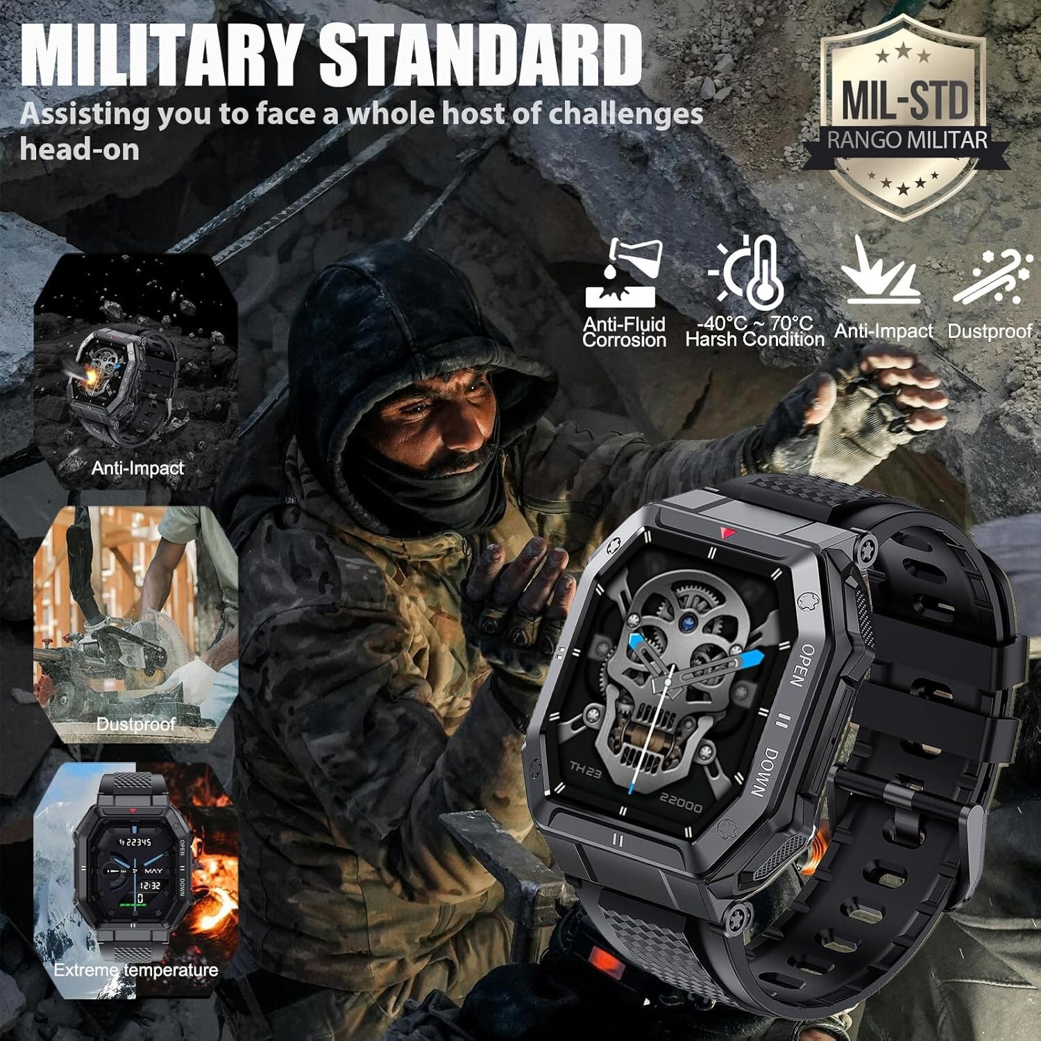 Military Fitness Smart Watch for Men Answer/Make Call 1.85″ HD Screen Heart Rate