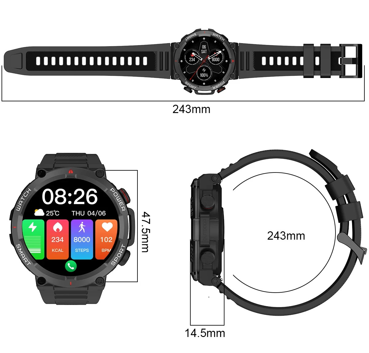 Smart Watch Military Tactical Men Sport Heart Rate Fitness Tracker Wristwatch US
