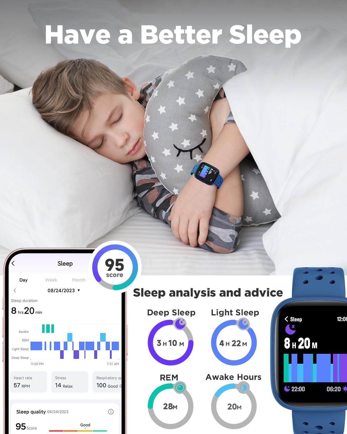 Kids Smart Watch 1.8″ Fitness Tracker Pedometer Heart Rate Sleep IP68 Age 5-16