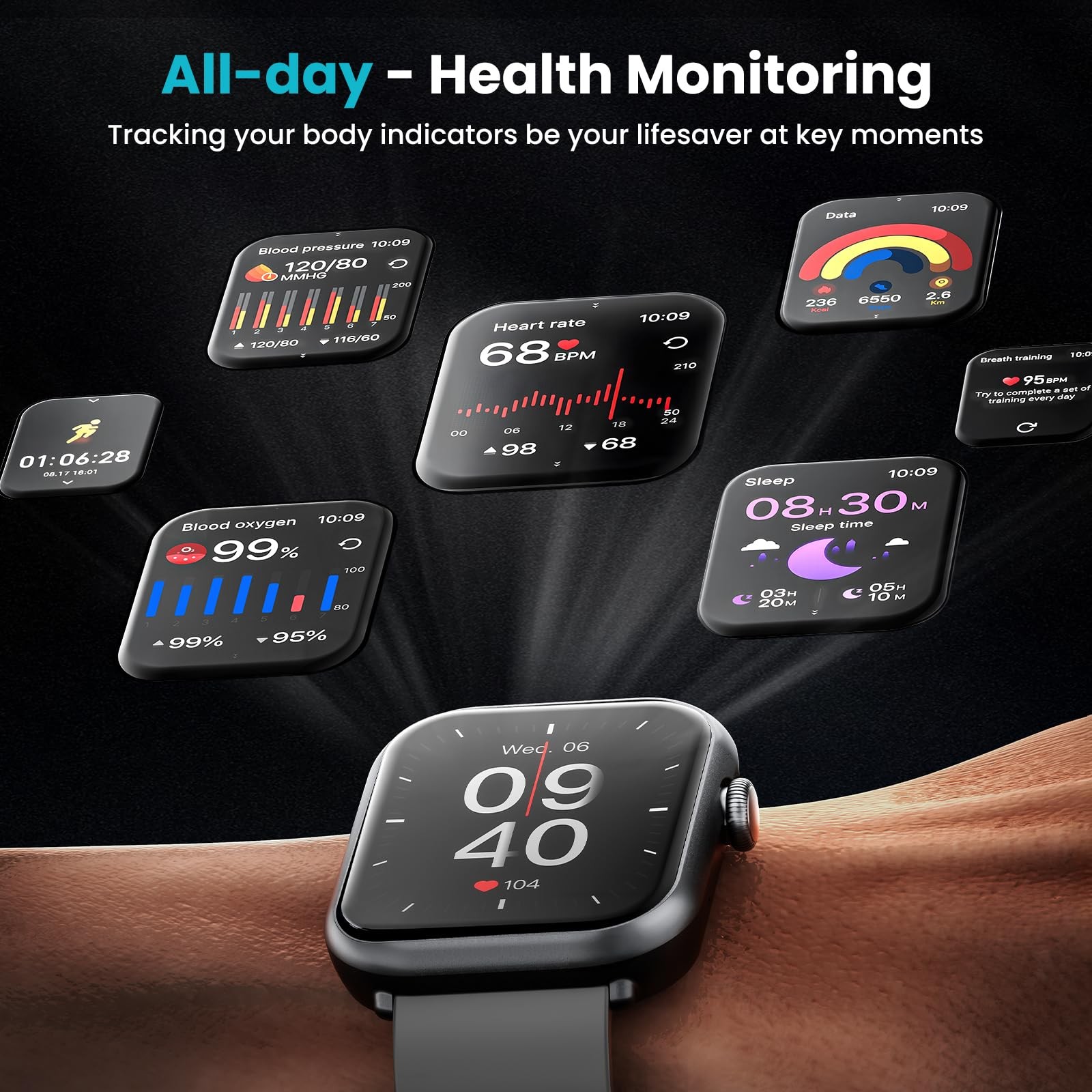 HOMOGO Smart Watches for Men Women, 1000mAh Battery Life medium, Black