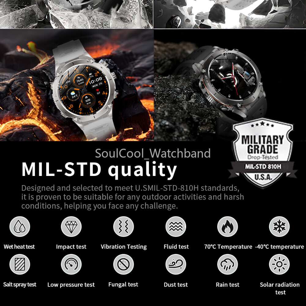 Military Smart Watch (Call Receive/Dial) Rugged Tactical Sport Fitness Tracker