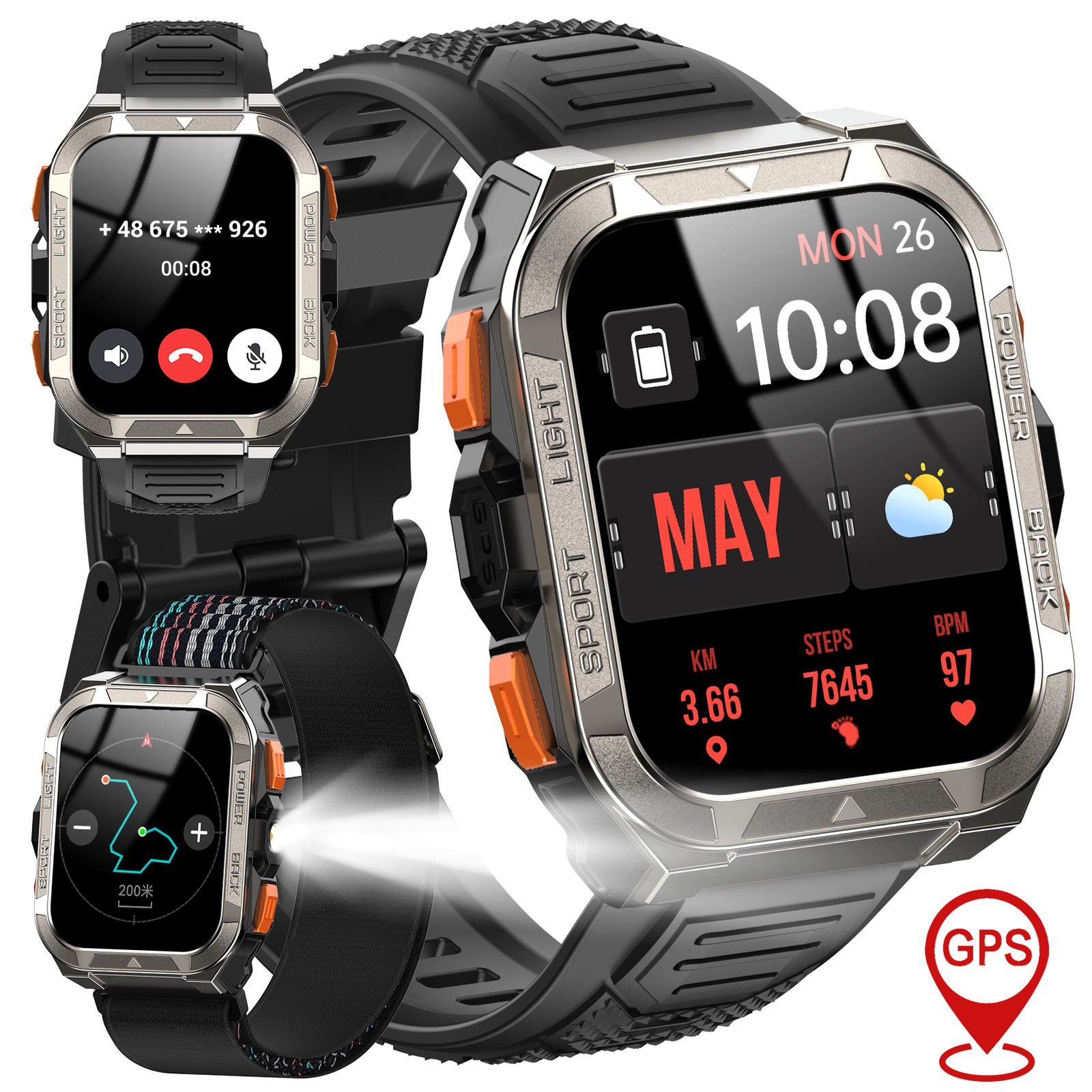 Military Smart Watch Built-in GPS ChatGPT AI 900mAh LED Bluetooth Black Open Box