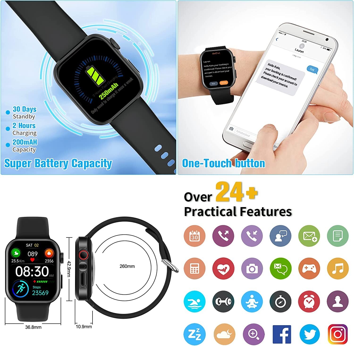 Smart Watch Android IOS 1.81 FullTouch Answer/Make Call/Heart Monitor Waterproof