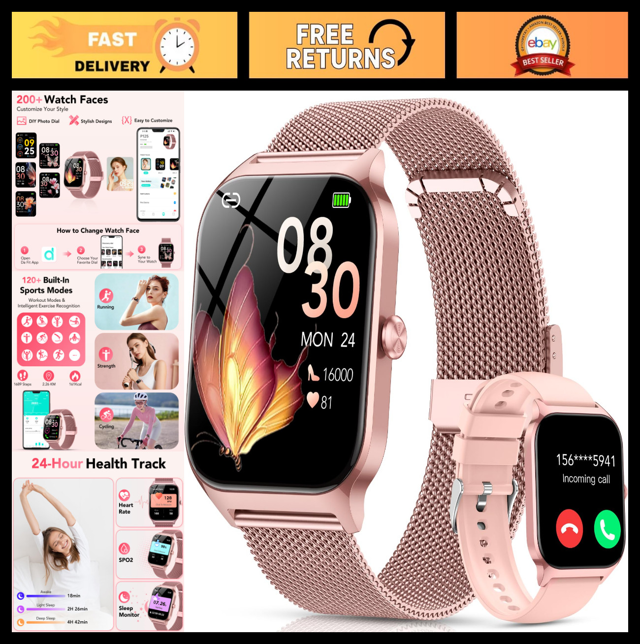 Stylish Smart Watch for Women, 1.85″ HD Display, Call/AI Voice, Fitness Tracker,