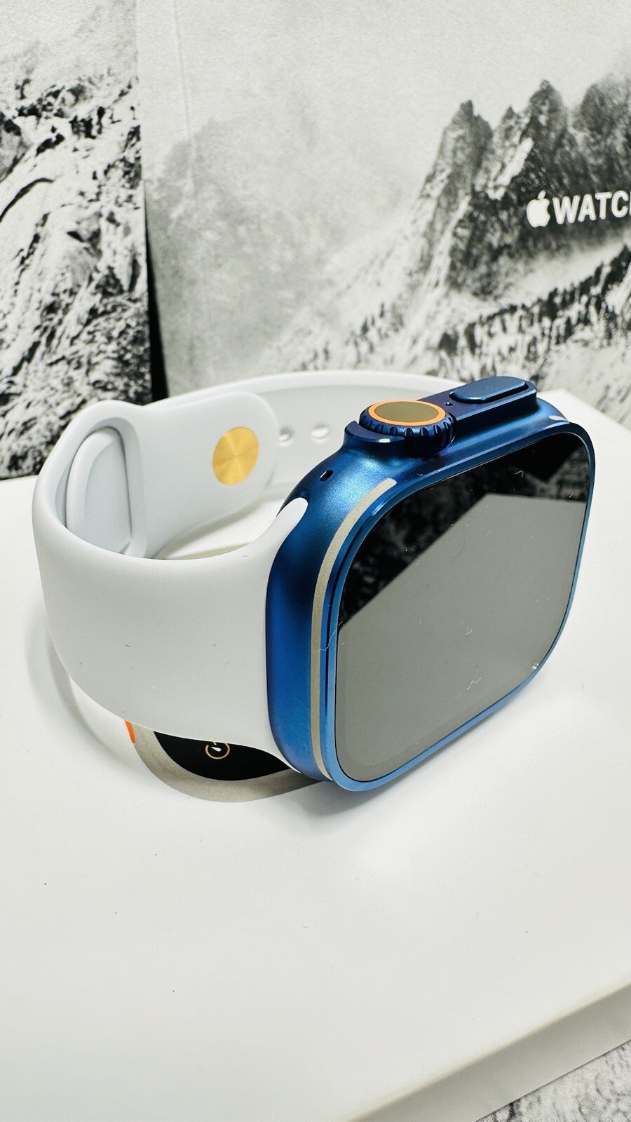 49MM Apple Watch ULTRA 2 CUSTOM BLUE Titanium w White Sport Band Gold Plated Pin