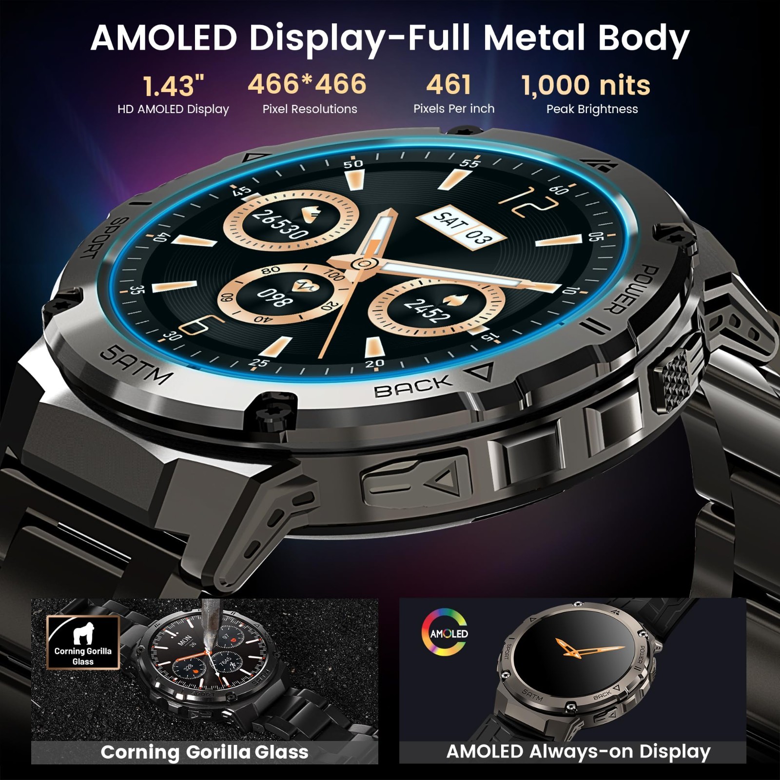 Rugged GPS Smart Watch, 1.43″ AMOLED, 170+ Sports Modes, 15 Days Battery, Waterp