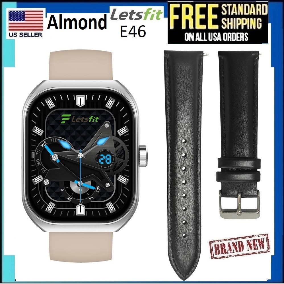 Letsfit E46 Smart Watch Silver Bezel W/Almond &Black Bands Tracker Bluetooth