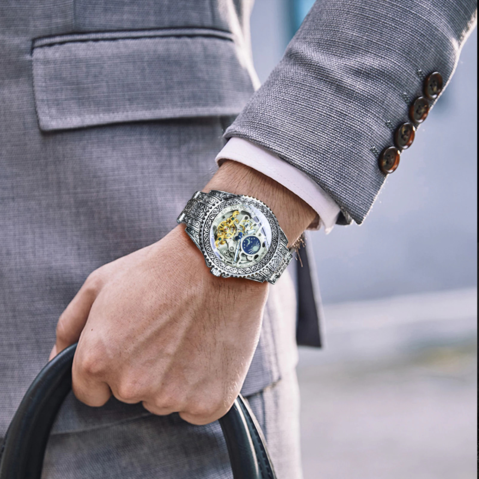 New Luxury Moon Phase Tourbillon Skeleton Engraved Mechanical Automatic Watch
