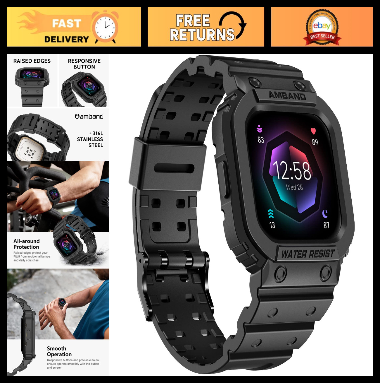 Rugged Sport Smartwatch Bands & Case for Fitbit Versa 4/3/2, Lite, Sense 2 – Bla