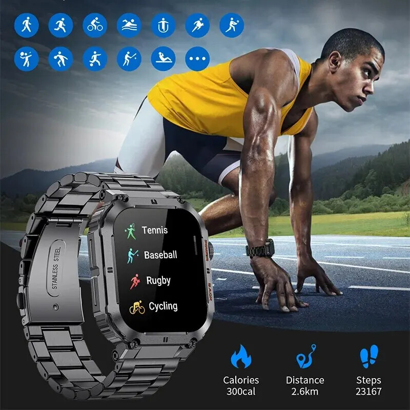 Outdoor Sports Fitness Smartwatch Men 1.96 Inch Screen Bluetooth Call Waterproof